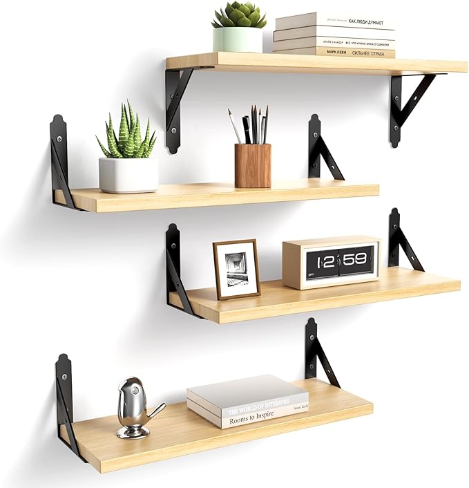 ROMGUAR CRAFT Wood Floating Shelves Set of 4, Rustic Storage Decor Wall Shelves, Wall Mounted Shelf for Living Room, Bedroom 17" x 6", Natural by ROMGUAR+CRAFT
