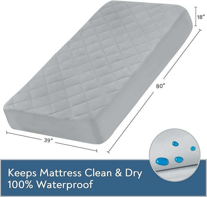 Twin XL Mattress Pad Waterproof, Twin XL Size Mattress Protector Quilted, Mattress Cover Fitted Mattress Topper, Up to 18 Inch, Gray
