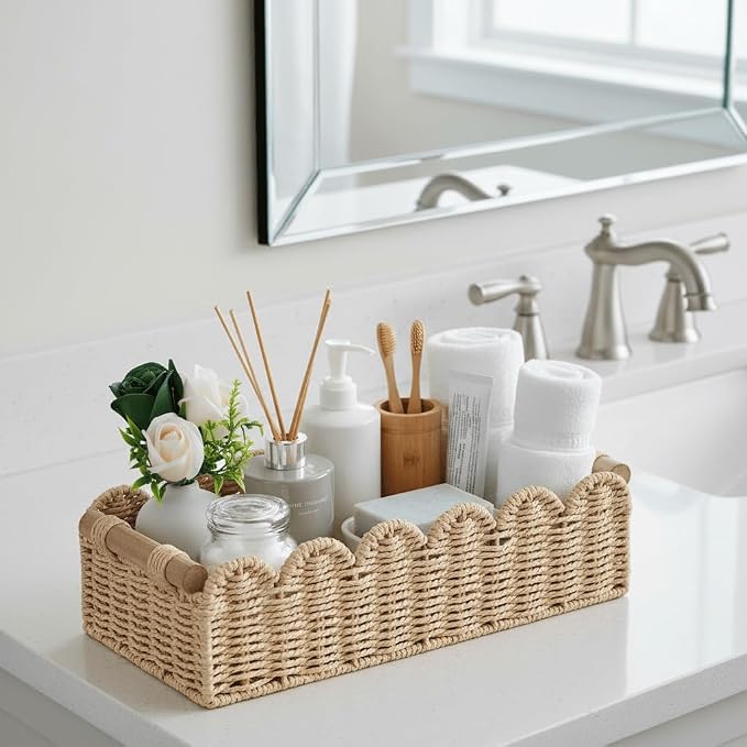 CubesLand Scalloped Edge Toilet Paper Storage Basket, Living Room Home Cozy Decor Basket, Paper Rope Small Baskets for Over Toilet Storage Shelf, End Table, Shelves, with 2 Wooden Handles, Beige - Image 4