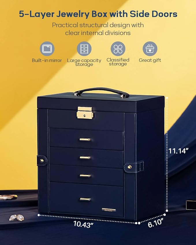 Homde Mothers Day Gifts Synthetic Leather Huge Jewelry Box Mirrored Watch Organizer Necklace Ring Earring Storage Lockable Gift Case (Dark Blue + Gold) - Image 2