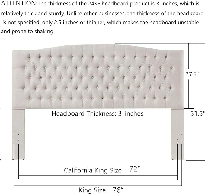 24KF Upholstered Tufted Button Linen Fabric Headboard,Comfortable Fashional Headboard King/CA King Size,Ivory