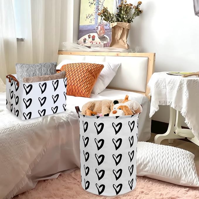 CLOCOR Heart Rectangular Basket, Cute Pattern Storage Bin, Collapsible Waterproof Storage Box with Handles for Kids, Gift Baskets, Shelf Basket (Black Hearts) - Image 5