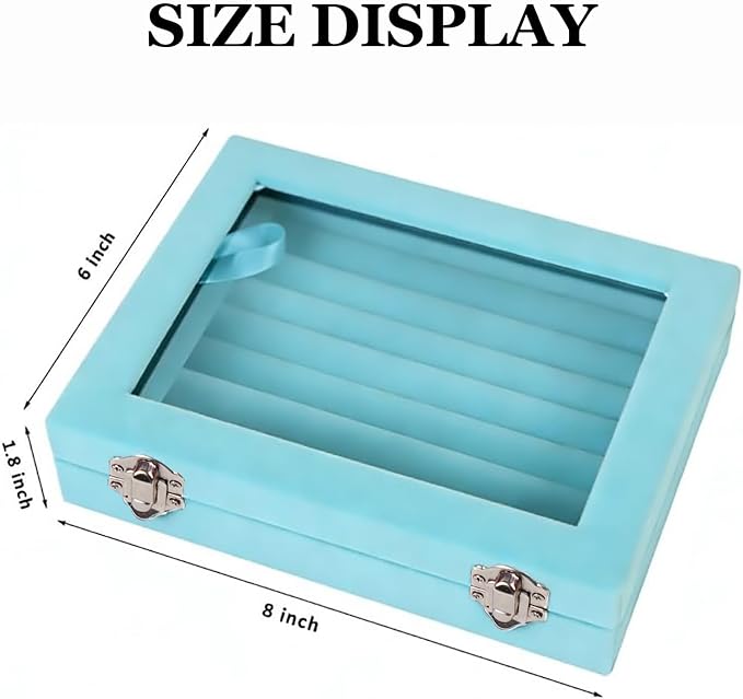 Jewelry Box Rings Organizer Tray 7 Slots Velvet Jewelry Earring Storage Box With Transparent Lid Jewelry Display Case for Girls Women (Light Blue) - Image 2