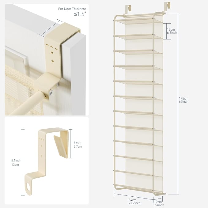 Whitmor 36 Pair Over The Door Shoe Organizer, 12 Tier Hanging Shoe Organizer, Heavy Duty Metal & Mesh Shoe Holder, Hanging Shoe Rack for Closet Organizer & Storage, 69"L x 21.7"W x 7.5"H, Beige - Image 2