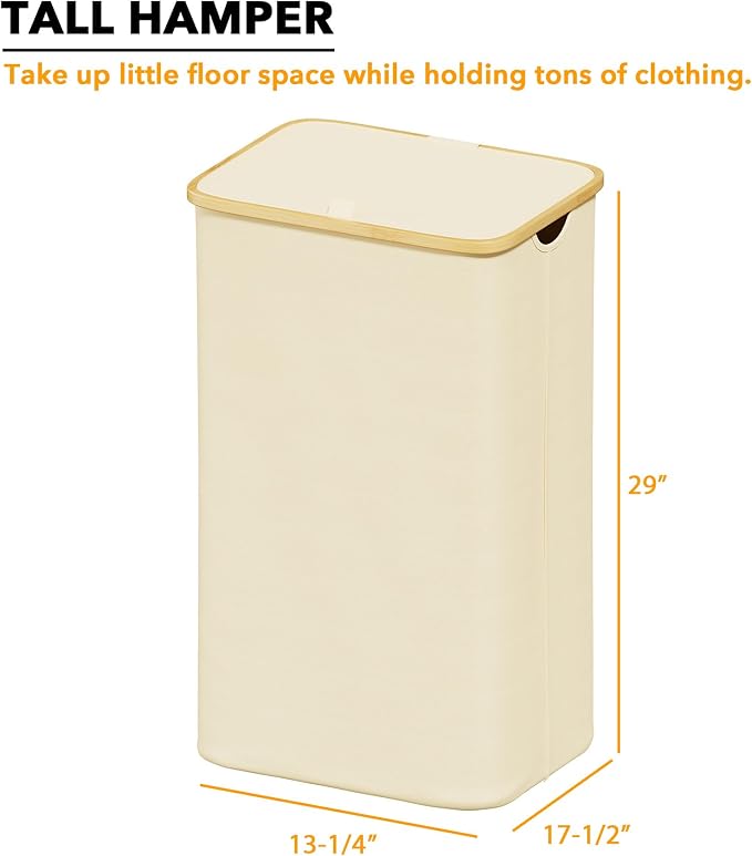 SpaceAid Laundry Hamper with Lid, 110L Large Tall Clothes Basket Bin with Bamboo Handles, Collapsible Laundry Hamper for Bedroom, Bathroom, Dorm, Laundry Room - Beige - Image 4