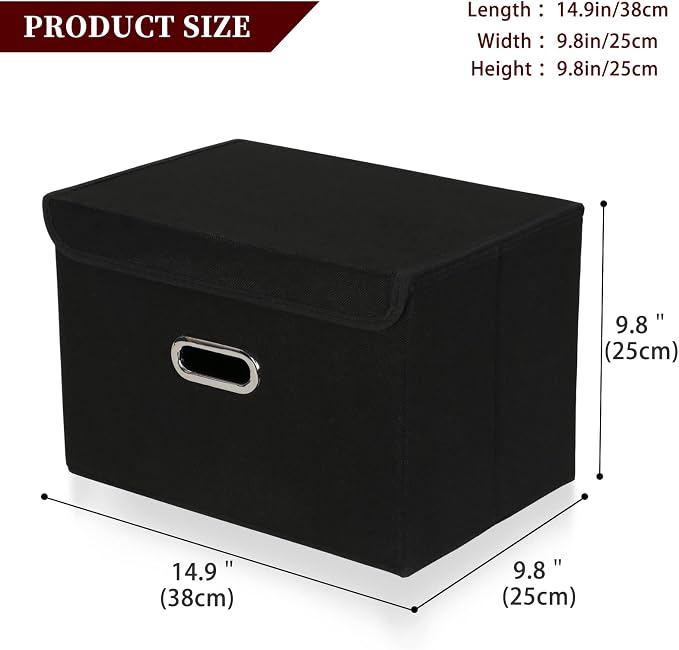 STOREONE Fabric Storage Cube Bins Foldable Organizer Container Collapsible Basket with Lids and Metal Handles, for Home, Bedroom, Closet (Black, 3 Pcs) - Image 2