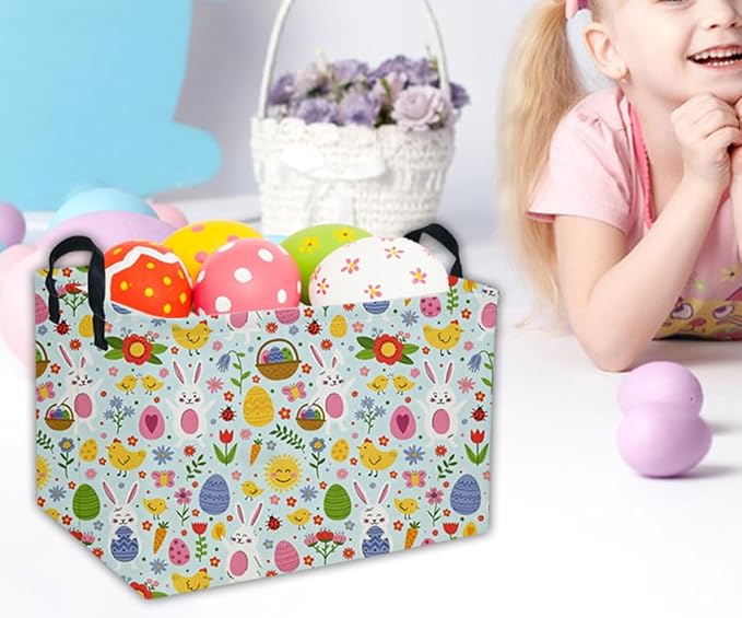 Easter Basket for Kids Gift Bunny Baskets Empty Baby Basket for Boys and Girls Rectangular Toy Storage Bins Organizer Bin Box Cute Egg Room Decor for Home(Bule Easter) - Image 3