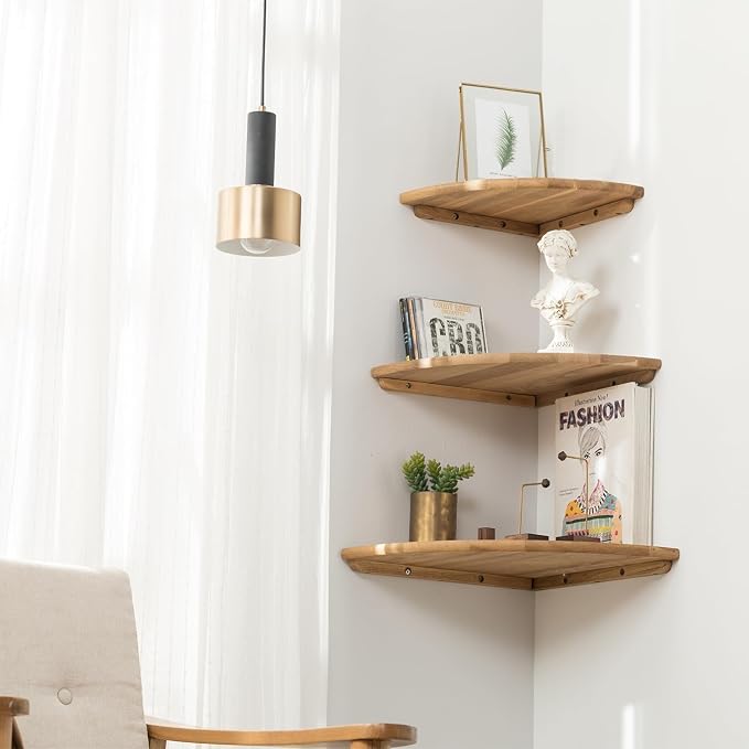 Corner Shelf, Solid Oak Wood Floating Corner Shelf Wall Mount Round End Floating Speaker Shelves with Wire Hole for Small Plant Photo Frame for Bedroom Kitchen, Living Room (Oak, 7.1in) - Image 2