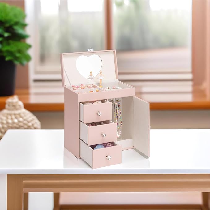 Vlando Musical Jewelry Box with Spinning Ballerina, Girls’ Jewelry Organizer for Necklaces Rings and Hair Accessories, Gift for Girls and Kids, Pink - Image 6