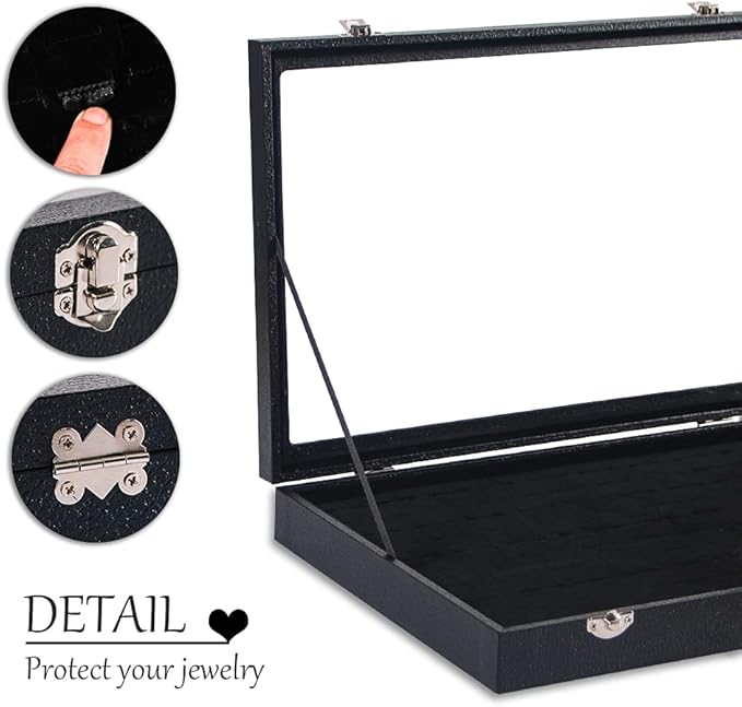 Ring Holder Organizer Box, Jewelry Display Case, Earring Necklace Storage Tray With Top Glass Lid (Black, 100 Slots) - Image 5