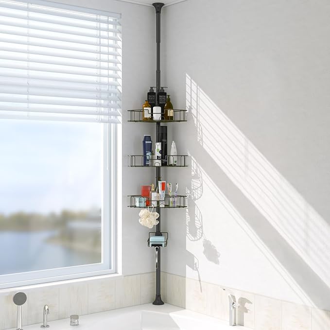 BsBsBest Shower Organizer Caddy - Stainless Steel Shower Shelves Rack, Adjustable Organization And Storage Head Holder, Rustproof Tension Pole, Black by BsBsBest