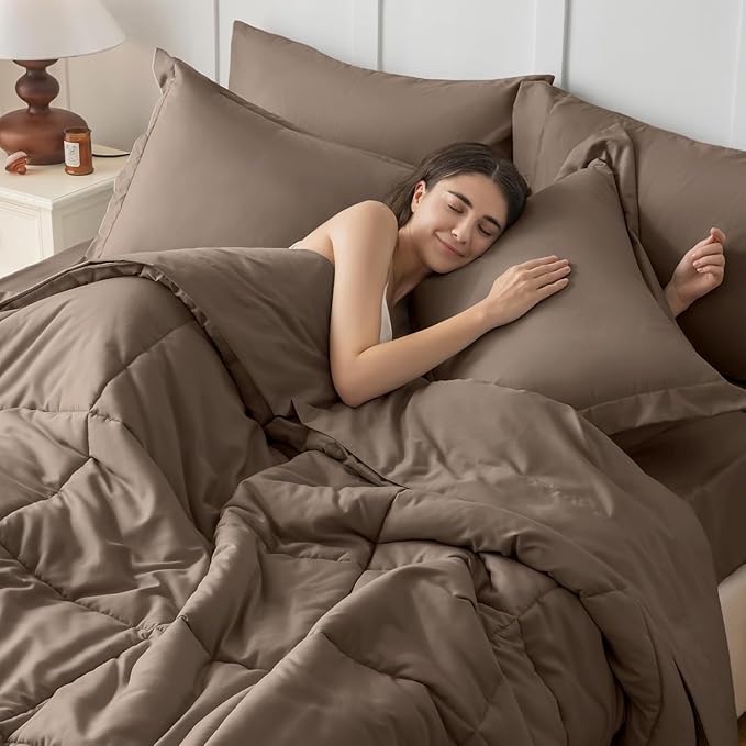 JOLLYVOGUE Twin Comforter Set, Ultra-Soft Bed in a Bag Twin Size 5 Pieces, Oeko-TEX Certified Bedding Set with Down Alternative Comforter, Sheets, Pillowcases & Shams, Brown
