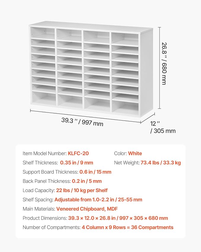 VEVOR Literature Organizer, 36 Compartments Office Mailbox with Adjustable Shelves, Wooden Mailbox Sorter Medium Density Fiberboard Office Home Classroom Storage for Files, Documents, Papers, White - Image 3