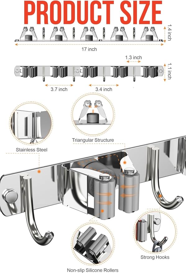 Mop and Broom Holder Wall Mount, Upgraded Broom Hanger Wall Mount, Stainless Steel Broom Organizer for Closet Garage Laundry Room Kitchen Wall Decor(5Racks 4Hooks Silver) - Image 4