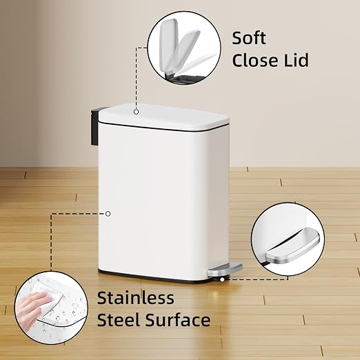 KSSKSS Small Bathroom Trash Can with Lid Soft Close, Step Pedal, 6L / 1.6 Gal Stainless Steel Garbage Bin with Removable Inner Bucket, Slim Wastebasket for Narrow Spaces (White) - Image 4