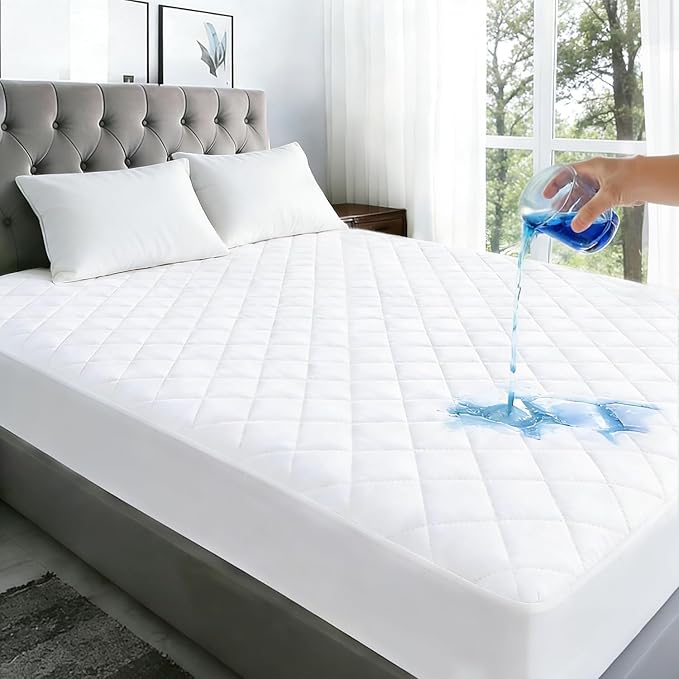 Queen Mattress Protector Waterproof Washable Mattress Padded Cover Fitted Queen Size Bed Protection Noiseless Plastic Bed Pad Deep Pocket Up to 18“ Soft and Breathable（White）