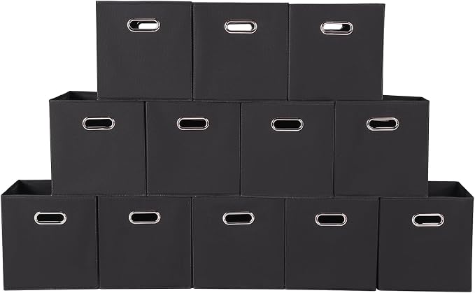 Fabric storage bins Cubes, Fabric Cube Organizer with Handle, Foldable Cube Bins for Cloth or Accessary Storage, 11x11x11, Set of 12, (Black) by Yunkeeper