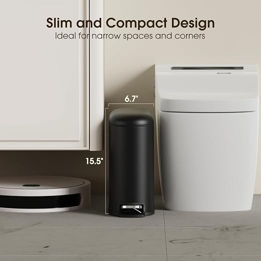 CEROELDA Small Bathroom Trash Can with Lid Soft Close, 5L/1.3 Gallon Stainless Steel Slim Garbage Can, Metal Waste Basket with Step Pedal, for Office, Bedroom, Toilet, Dorm Room (Black, 1.3 Gallon) - Image 3