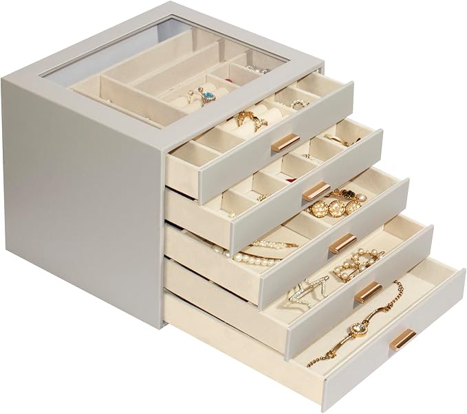 Jewelry Box with Glass Lid, 5-Layer Jewelry Organizer for Women Girls, PU Leather Display Case with 20-Grid Earring Tray & Movable Dividers for Necklaces Rings,Grey - Image 7