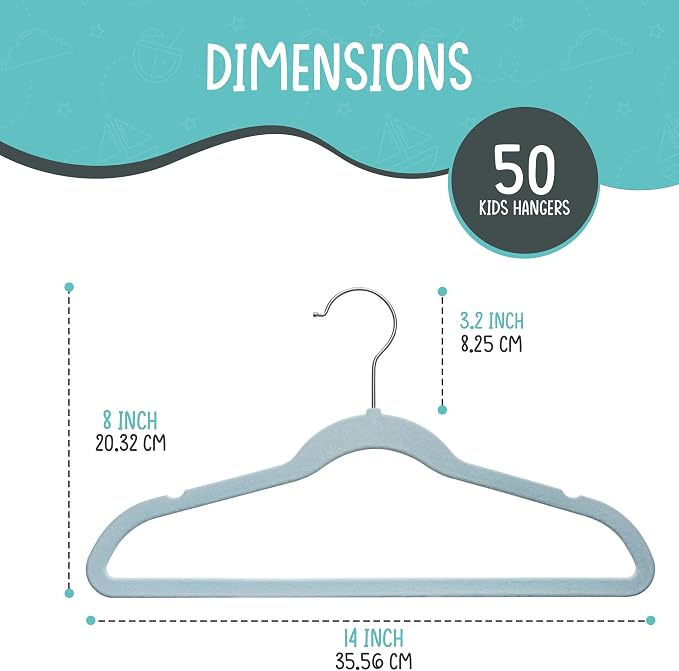 TechZoo 50 Premium Kids Velvet Hangers - 14" Non-Slip Ultra Slim Space-Saving Clothes Hangers with 360° Swivel Hook - Strong & Durable Hangers for Children & Preteens Wardrobe - Blue - Image 2