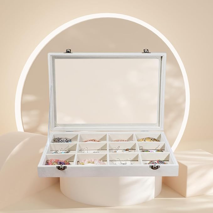 Stratalife Jewelry Organizer Bracelet Organizer Storage Box 12 Grid Stackable Jewelry Tray with Lid Velvet Jewelry Box for Drawer Necklace Bracelet Display Storage Organizer Box (Beige) - Image 3