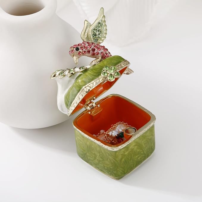 Hand Painted Enamel Hummingbird Trinket Box for Home Decor, Hinged Jewelry Organizer for Ring Earrings, Unique Figurine Keepsake Collectible Personalized Handmade Ornament Gifts (Green Hummingbird-3) - Image 3