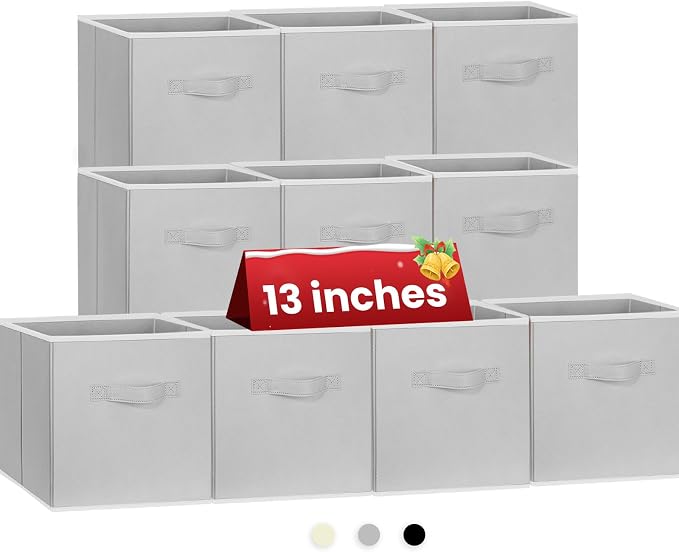 Criusia Large Storage Cubes, 13x13 Cube Storage Bins (Set of 10), Fabric Collapsible Storage Bins with Dual Handles, Foldable Cube Baskets for Shelf, Closet Organizers and Storage Box (Grey) by Criusia