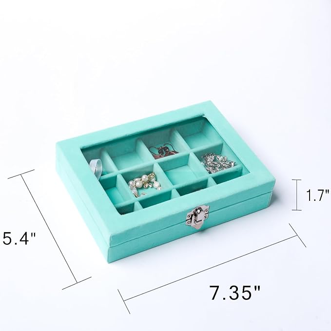 Frebeauty Jewelry Organizer Tray with Clear Lid 12 Grid Velvet Drawer Insert Jewelry Box with Transparent lid Jewelry Display Case Store Showcase Jewelry Box Gift for Women(Turquoise,12 Grid) - Image 3