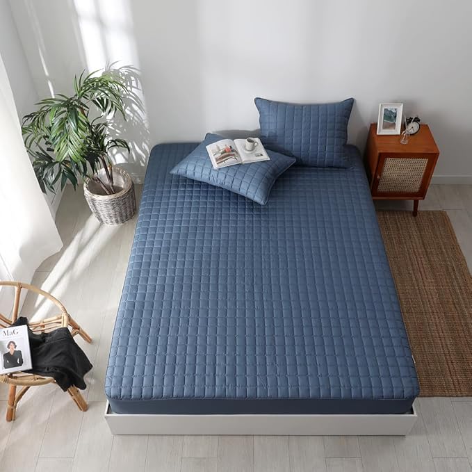 Quilted 100% Cotton Mattress Cover – 6 Colors, Machine Washable, Breathable & Stretchy, Fits up to 16-Inch Deep, Twin/Full/Queen/King (Navy, Full)