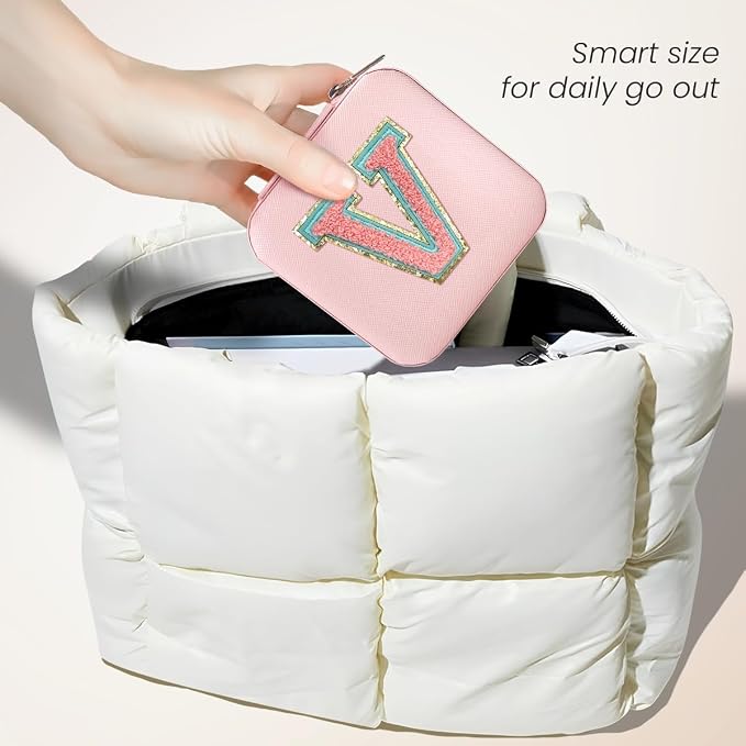 SANDJEST Personalized Jewelry Box, Pink Travel Jewelry Box with Initial V, Small Monogrammed Jewelry Case Organizer for Girls Women Teen Kids, Mini Travel Essentials Gifts for Birthday Christmas - Image 5