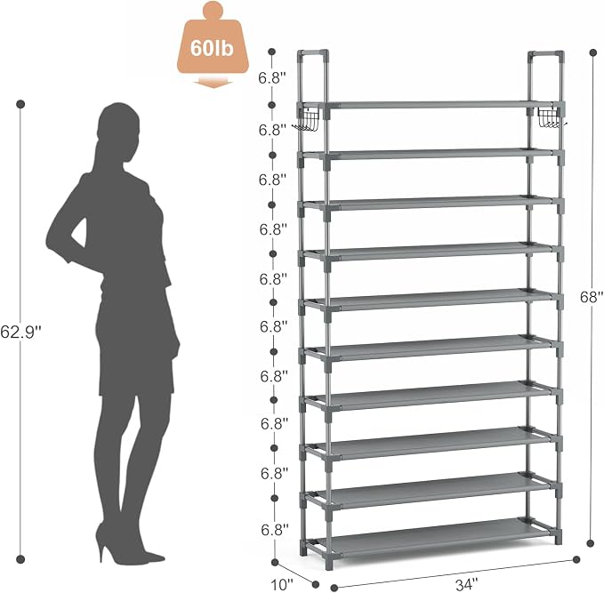 VTRIN 10 Tiers Shoe Rack Tall Large Capacity Wide Shoe Organizer Sturdy Shoe Shelf for Entryway with Two Hooks Metal Shoe Storage for Closet, Bedroom, Grey - Image 3