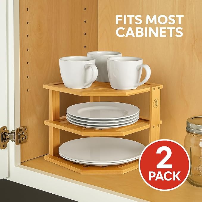 2-Pack Plate Organizer for Cabinet - Bamboo Corner Shelf for Kitchen or Bathroom Storage, Space-Saving Rack for Dishes, Countertop, Cabinet, Pantry - Organization & Housewarming Gift - Image 4