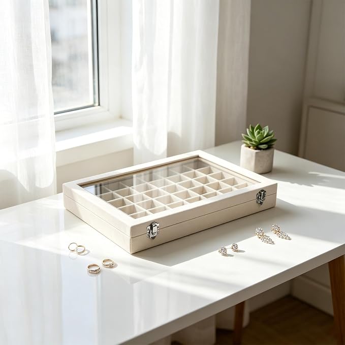 Stratalife Jewelry Organizer 48 Grid Jewelry Trays with Dust-proof Lid Velvet Earring Organizer Ring Holder Accessories Box Necklaces Earrings Storage for Women Drawers Cream - Image 4