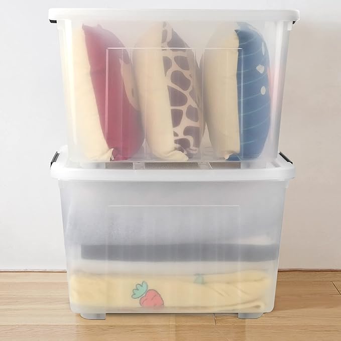 70 Qt Stackable Plastic Storage Bins with Lids, 4 Pack, See-Through Organizing Containers Box, Durable Nestable Containers Organize Shoes Closet Shelves Clothes Blankets Towels, Clear