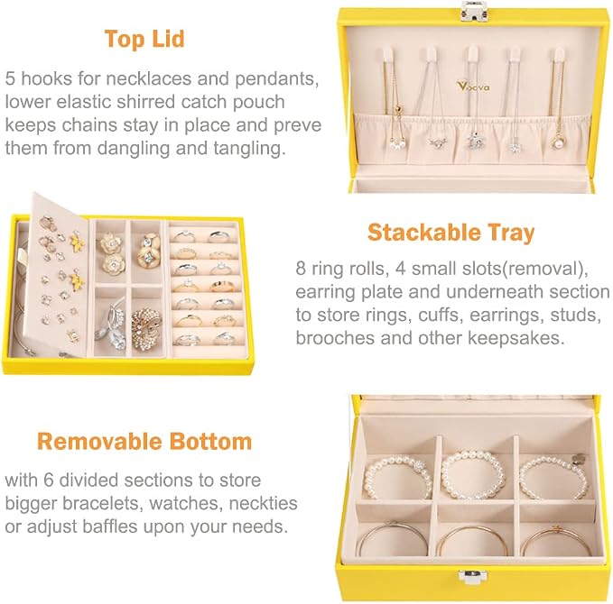 Voova Jewelry Box Organizer for Women Girls, 2 Layer Large Men Jewelry Storage Case, PU Leather Display Jewellery Holder with Removable Tray for Necklace Earrings Rings Bracelets, Vintage Gift, Yellow - Image 2