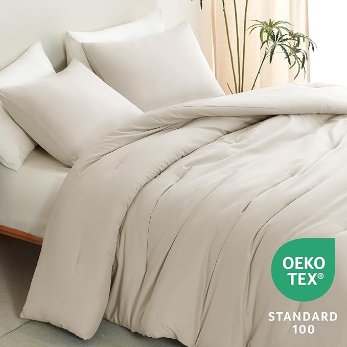 CozyLux Full Size Comforter Set Oatmeal, 3 Pieces Solid Breathable Quilted Bedding Sets, Luxury Lightweight Soft Bed Set with Down Alternative Comforter and 2 Pillowcases for All Seasons