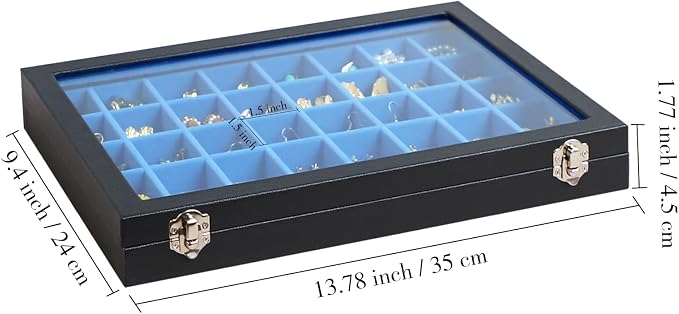 Stratalife Jewelry Organizer 40 Grid Blue Black Jewelry Tray with Clear Dust-proof Lid Velvet Earring Organizer Necklace Rings Holder Display Drawer Storage Case for Women - Image 2
