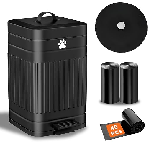 Dog Poop Trash Can Outside, 5L/1.3Gal Metal Dog Waste Trash Can with Lid, Foot Pedal, Pet Waste Container with 40 Bags, Poop Bucket with Lid Soft Close for Pet, Black by Kopuncare