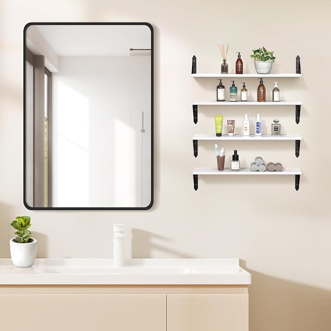 ROMGUAR CRAFT Wood Floating Shelves Set of 4, Rustic Storage Decor Wall Shelves, Wall Mounted Shelf for Living Room, Bedroom 23.6" x 6", White - Image 5