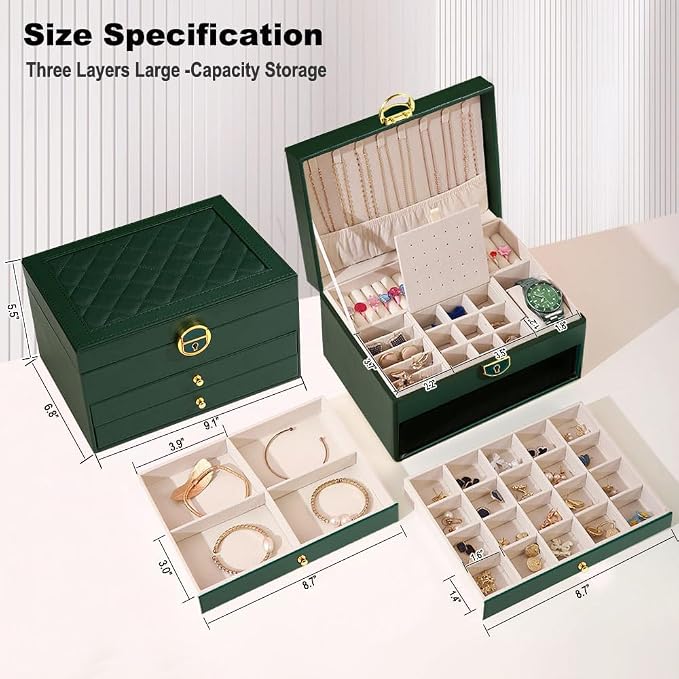 GUOER Jewelry Box for Women Girl Wife 3 Layers Large PU Leather Jewelry Organizer Storage Case with Two Layers Display for Earrings Bracelets Rings Watches (Green) - Image 4