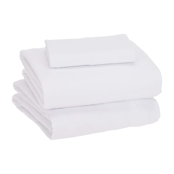 Amazon Basics Breathable, Stretchy 100% Cotton Jersey 3-Piece Bed Sheet Set, Includes Flat and Fitted Sheets, Pillowcase, Twin, White