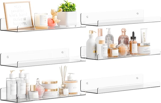 Yieach 6 Pack 15" Acrylic Shelves for Wall,Bathroom,Bedroom - with Adhesive - No Drilling Clear Floating Shelves for Funko Pop,Lego,Action Figures,Nail Polish,Perfume Shelf and Wall Storage & Display by Yieach