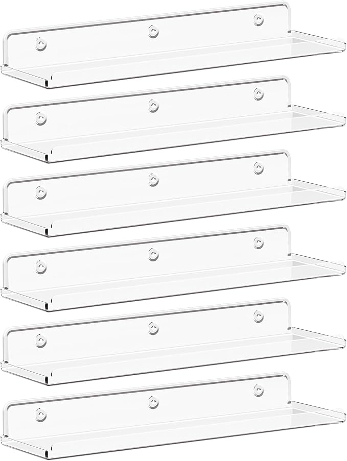 Lifewit Floating Shelves for Bathroom, Acrylic Wall Organizer for Perfume, Makeup, Figures, Nail Polish, Photo, Book, 14" Decor Display Rack for Nursery, Living Room, Bedroom, Kitchen, Clear, 6 Pack by Lifewit