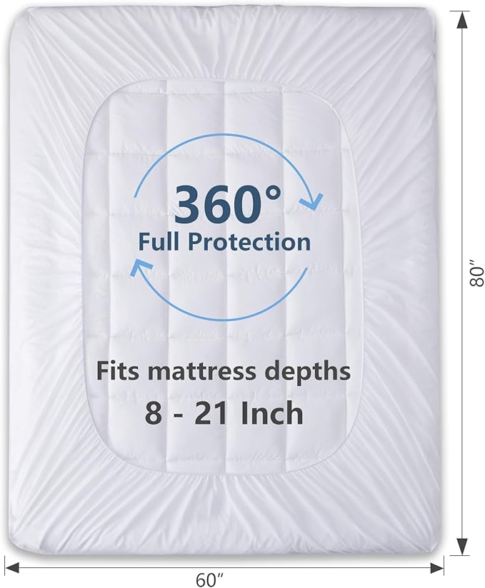CozyLux Queen Size Mattress Pad Pillow Top Cotton Cooling Mattress Topper 8-21" Deep Pocket Mattress Cover Quilted Fitted Cooling 450GSM Mattress Protector (60x80 inch,White)