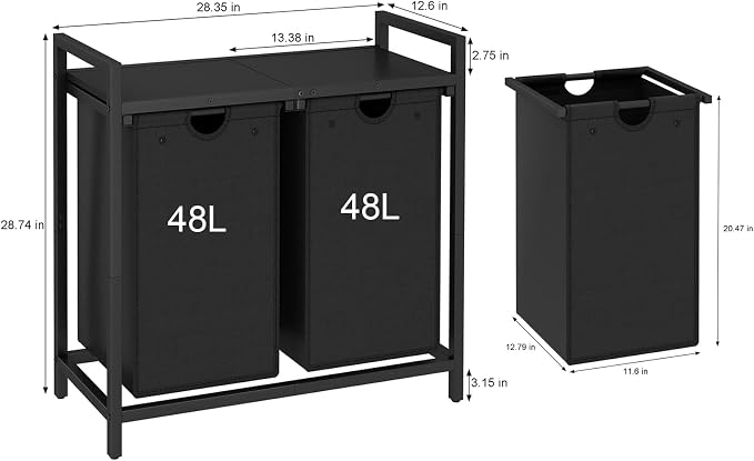 LAATOOREE Laundry Hamper, Two-Color 2 × 48L Laundry Basket with 2 Removable Laundry Sorter Bags and Top Shelf, Clothes Hamper for Laundry Room, Bathroom - Image 3