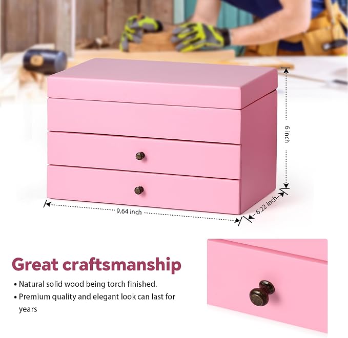 Meangood Jewelry Box Organizer for Women, 3 Layer Large Jewelry Storage Case, Rustic Wooden Jewelry Box with Mirror & Ring Tray for Necklace Earring Bracelets Rings, Vintage Style (Pink) - Image 3