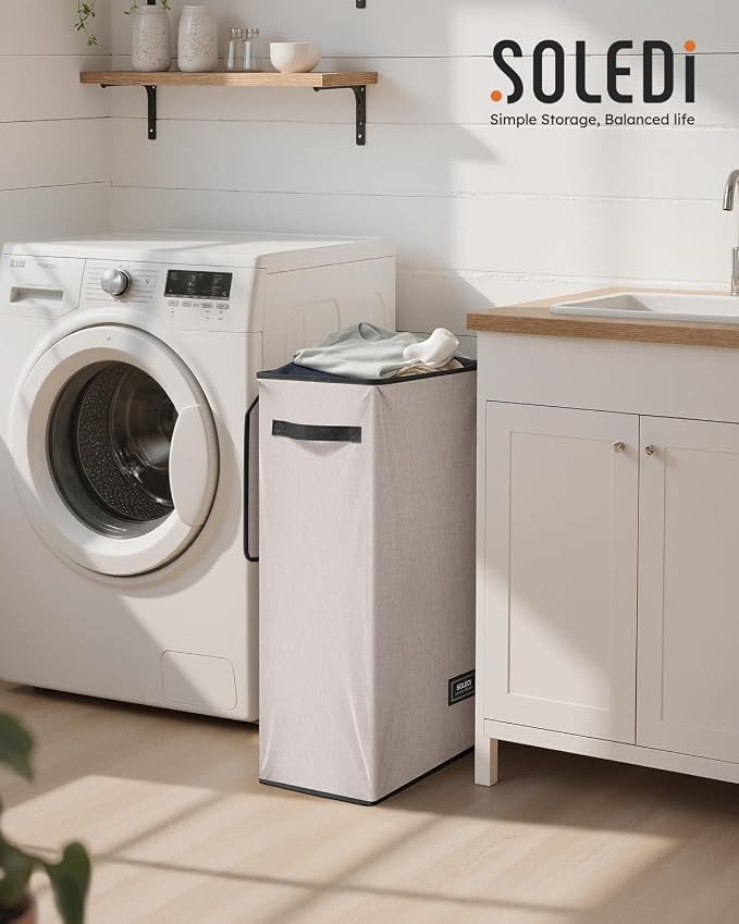 SOLEDI Slim Laundry Hamper with Lid, Narrow Laundry Basket with Removable Bags, Dirty Clothes Hamper with handle, Small Hamper perfect for Laundry room, Bathroom, Bedroom, Small spaces.Light taupe - Image 2