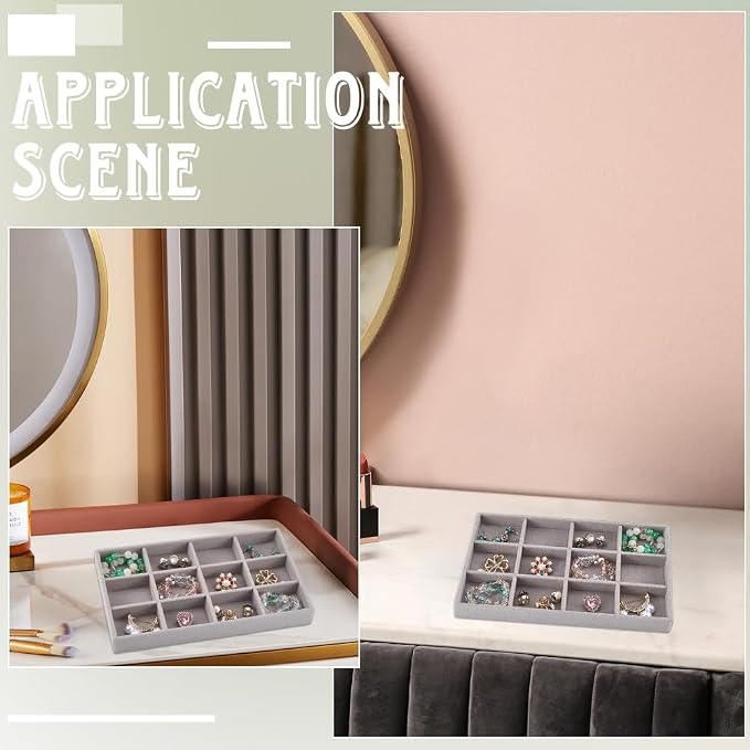 2Pcs 5 x 8.3 Inch Velvet Jewelry Trays Stackable Jewelry Organizer Removable Divider 12 Grids Divided Gray Necklace Storage Container Box Dresser Drawer Case for Earring Ring Display Showcase - Image 4