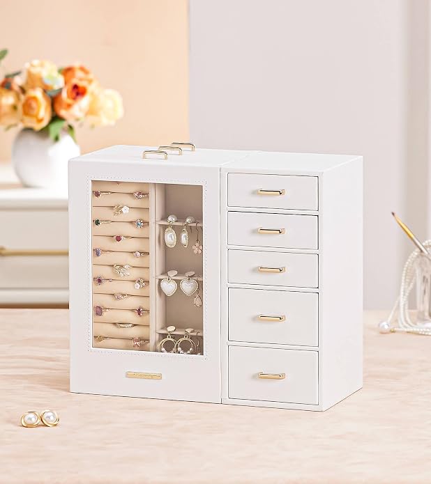 Homde Large Jewelry Box/Organizer/Case with Glass Window, Drawers for Necklaces Earrings Rings Bracelets Watches Gift for Women Girls - Image 8