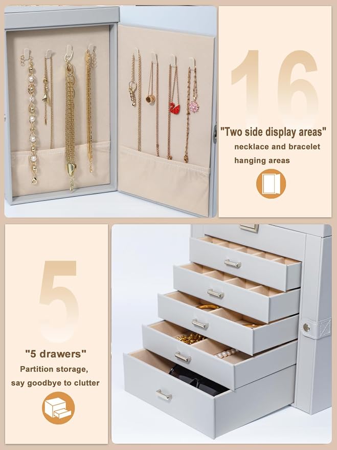 BOOVO Jewelry Box For women, 6 Layer Large Jewelry Organizer With Mirror, Multi-Function Storage Box With Lock, Necklace Holder With 5 Drawers, For Earrings Necklace Bracelet (Silver and Grey) - Image 3